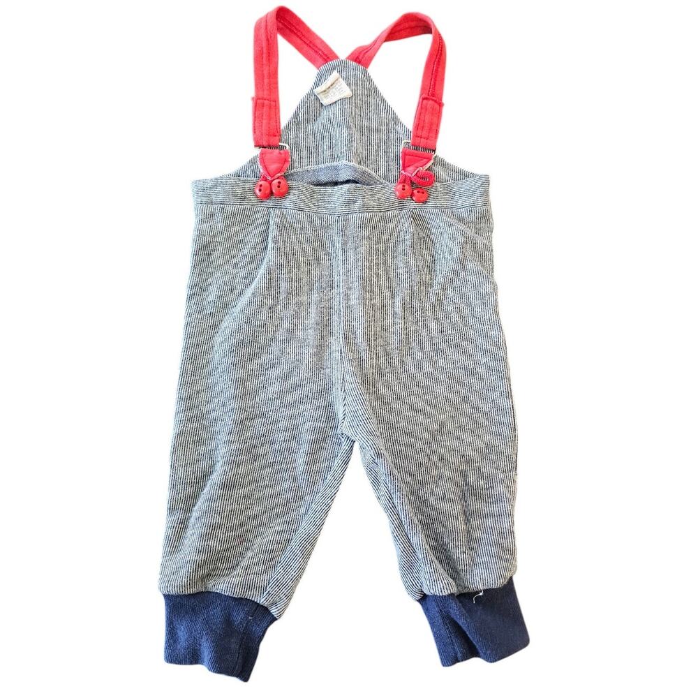Vintage 1970s Baby Boys Sz 6-9M Gray Cotton Overalls w/ Red Suspenders